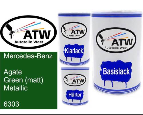 Mercedes-Benz, Agate Green (matt) Metallic, 6303: 500ml Lackdose + 500ml Klarlack + 250ml Härter - Set, von ATW Autoteile West.